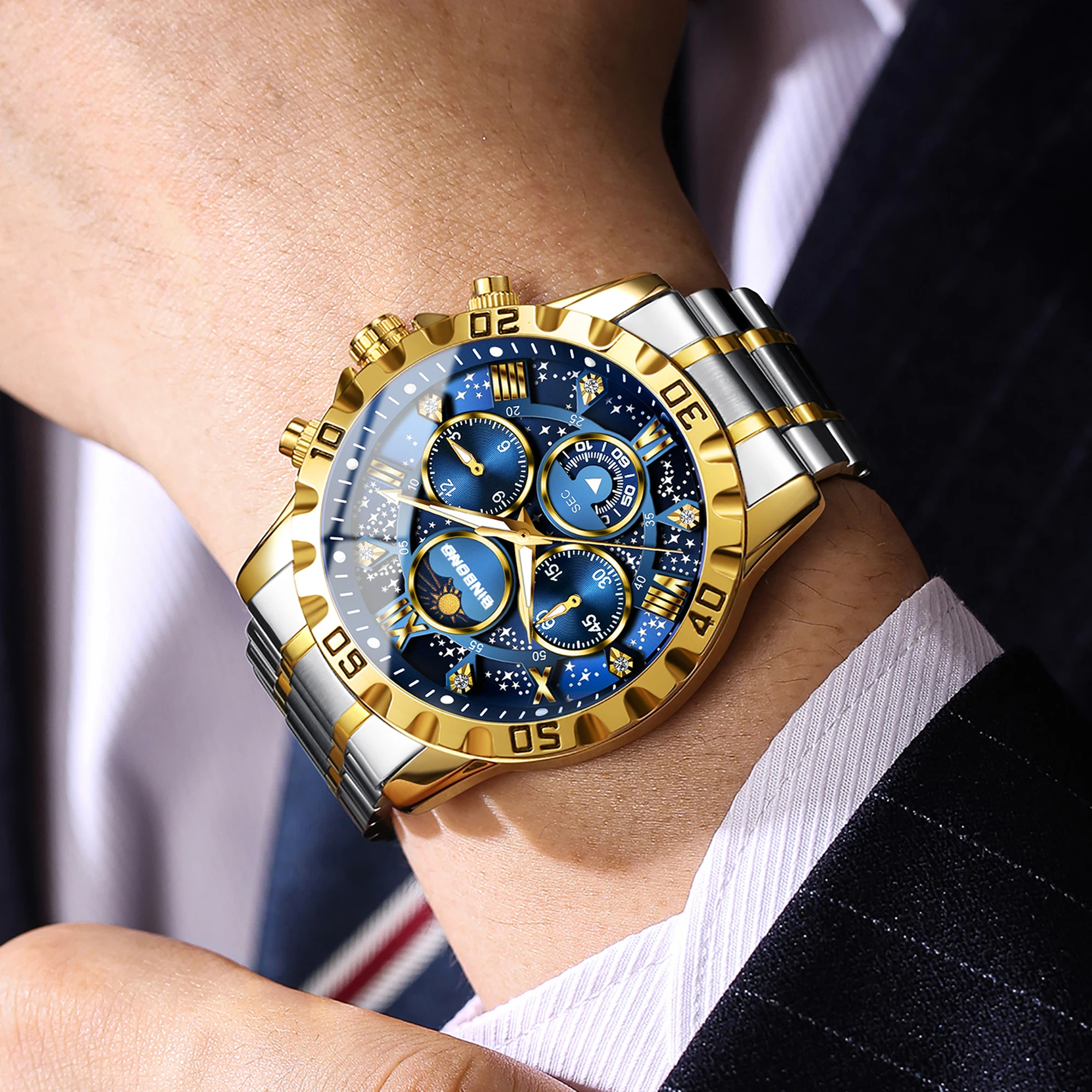 Relojes de cuarzo de la marca original BINBOND para hombre, reloj de lujo luminoso de acero inoxidable con cronógrafo, reloj para hombre elegante.