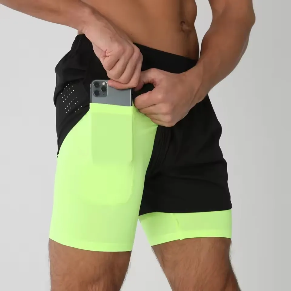 2025New pantalones cortos para correr para hombre, pantalones cortos deportivos para gimnasio 2 en 1, entrenamiento de secado rápido, gimnasio, Fitness, trotar, pantalones cortos, pantalones cortos de verano para hombre