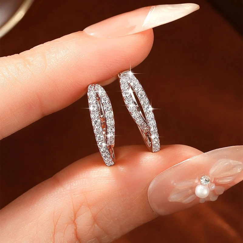 Pendientes de Aro Rrjzz con Diamantes de Laboratorio Color D, Pendientes de Aro de Moissanita de Doble Capa con Diseño Cruzado para Mujer, Regalos de Joyería