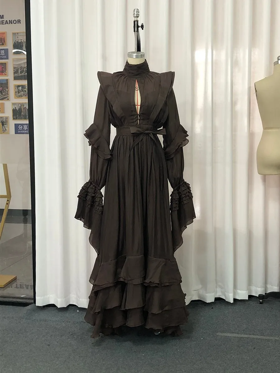 TWOTWINSTYLE Vintage empalmado recortado vestido medio ajustado para mujer cuello alto manga larga dobladillo con volantes vestidos elegantes Mujer