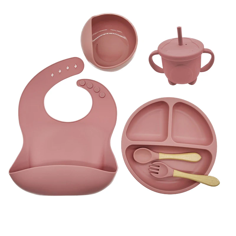 Vajilla De Silicona De 6-8 Piezas Para Bebé Juego De Baberos Con Ventosa Tazón Cuchara Tenedor Taza De Alimentación Plato Dividido Platos Infantiles Vajilla Para Niños Suministros Para Madres Y Bebés