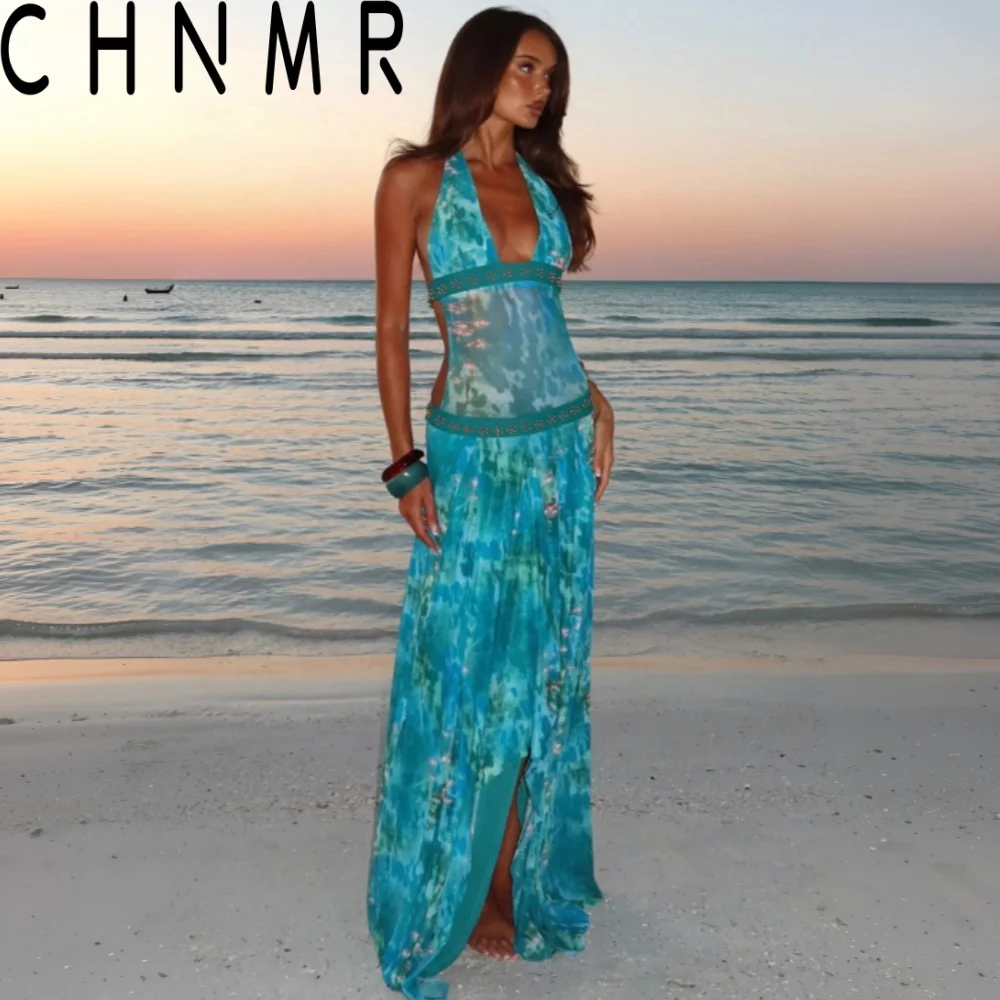 CHNMR Elegante Vestido Largo con Estampado de Leopardo para Mujer, Vestidos Maxi sin Espalda con Cuello Halter, Vestidos de Fiesta para Club Nocturno de Verano 2026, Vestidos Femeninos para la Playa