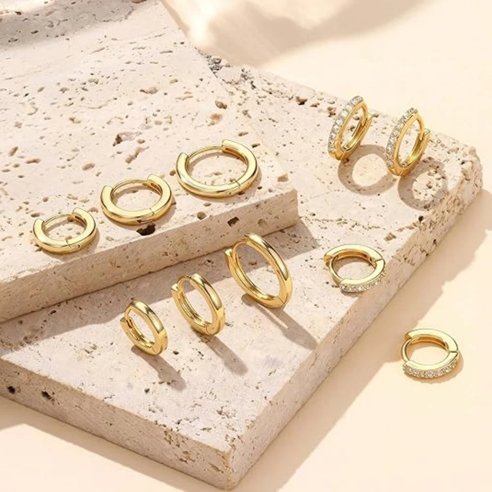 Juego de 5 Pares de Aretes de Aro con Circonita Cúbica Plateados en Plata 925, Aretes de Aro Huggie con Circonita Cúbica Brillante para Cartílago y Hélix, Joyería para Mujer