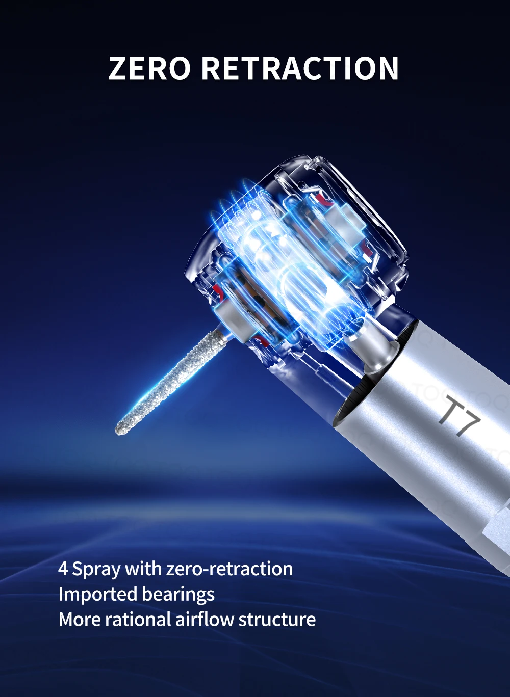 Instrumento Dental TOQ con Botón de Retracción Automática, Pieza de Mano de Alta Velocidad T7, Turbina de Aire con 4 Salidas de Agua, Cabezal de 2/4 Orificios