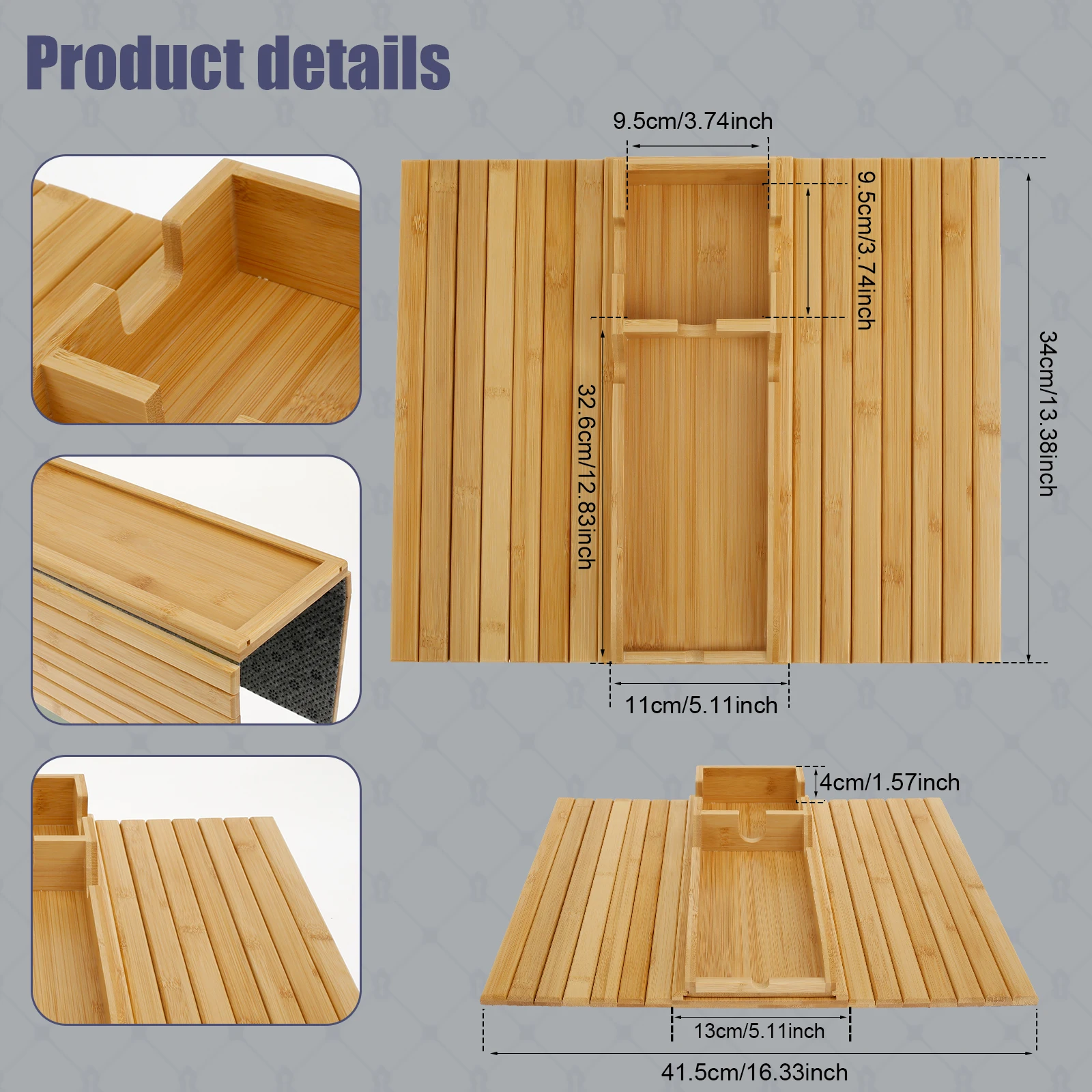 Portavasos para sofá, bandeja de reposabrazos de madera de bambú, portavasos plegable para sofá, portavasos antideslizante para brazo, bandeja de almacenamiento lateral para sofá