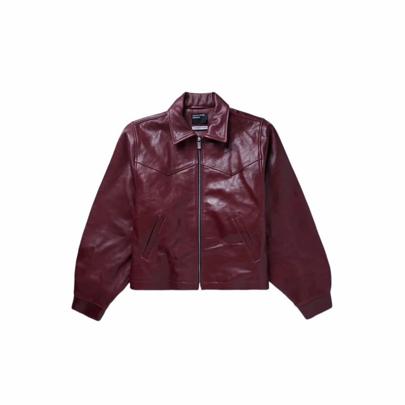 Chaqueta de cuero estampada bordada 2026ss, chaquetas de mujer informales holgadas de color Burdeos de alta calidad para hombre y mujer