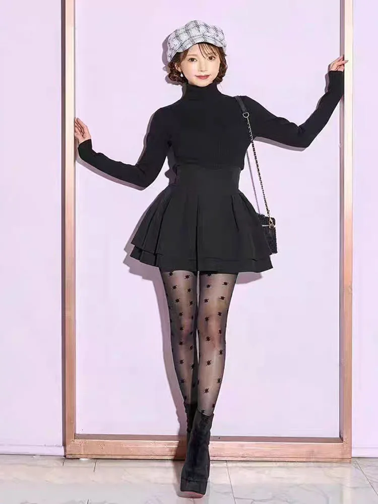 Faldas negras estilo Lolita japonés para mujer, primavera y otoño, nueva cintura elástica, minifaldas plisadas cortas para mujer, Culottes bonitos para chica