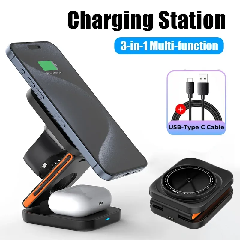 Estación de Carga Plegable 3 en 1, Cargador Inalámbrico Magnético Rápido para iPhone 17 16 15 14 13 12, Apple Watch 8 7 6, Airpods Pro
