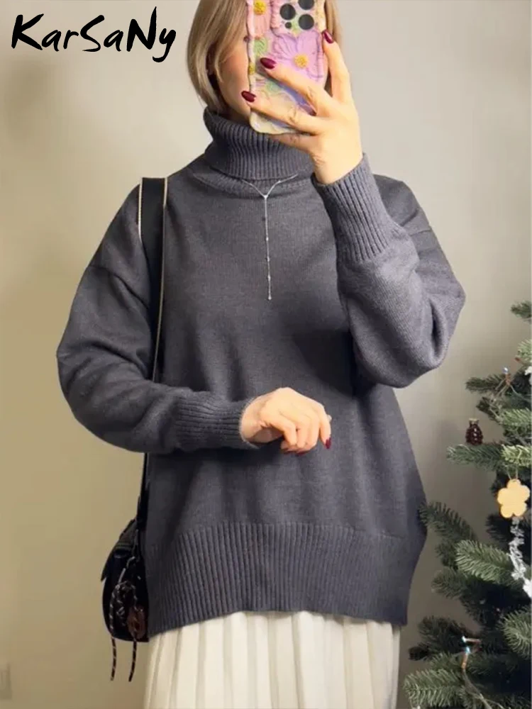 Suéteres gruesos de gran tamaño con cuello alto para mujer, jerséis blancos cálidos de invierno, suéter de punto de cuello alto de gran tamaño para mujer, ropa mujer tendencia 2025, jersey navideños