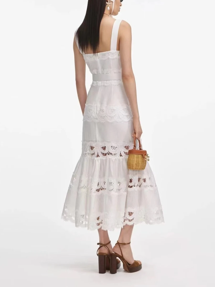 VGH sólido elegante empalmado vestido calado para mujer cuello cuadrado sin mangas Patchwork fajas cintura alta vestidos ceñidos Mujer