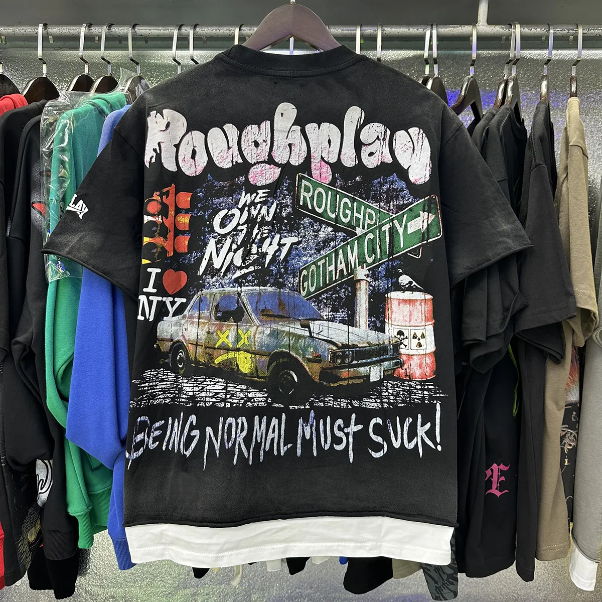 Nuevas Camisetas de Manga Corta de Algodón 100% con Diseño de Diamantes Brillantes y Estilo Americano RoughPlay para Hombre y Mujer, Cuello Redondo, Holgadas, de Verano, Tallas Grandes