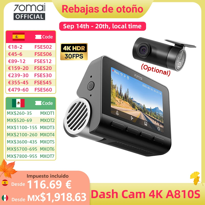 Cámara para Auto 70mai A810S 4K HDR GPS ADAS con Grabación Automática, Detección de Movimiento de Doble Canal, Soporte 4G LTE, DVR para Auto, Versión Global 70mai A810S