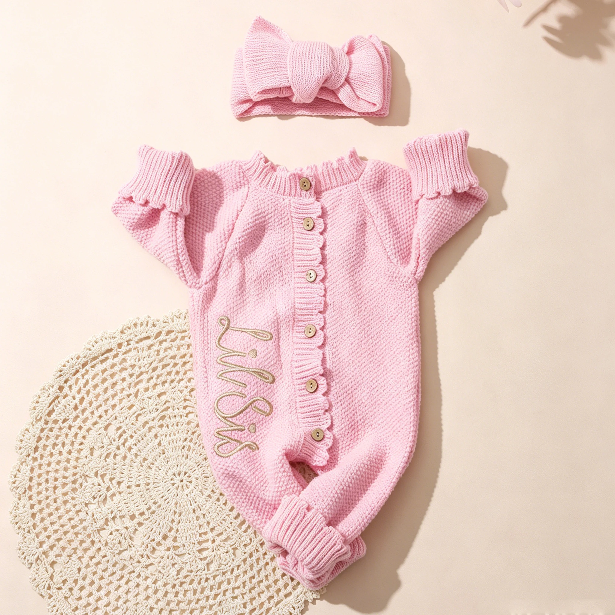 Ylsteed Conjunto de 2 piezas de punto para recién nacido con diadema con lazo, pelele bordado de bienvenida para bebé para sesión de fotos y uso diario de 0 a 3 meses