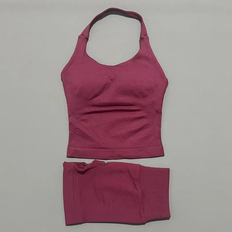 Conjunto Deportivo de 2 Piezas para Mujer, Top Halter con Tirantes, Shorts, Leggings Sin Costuras para Yoga, Gimnasio, Running y Fitness