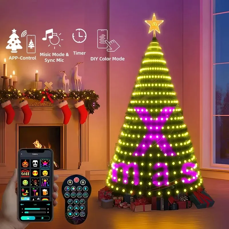    Guirnalda de luces navideñas de 2,1 M, lámpara con Control remoto por aplicación Bluetooth, guirnalda USB para dormitorio, decoración navideña de Año Nuevo