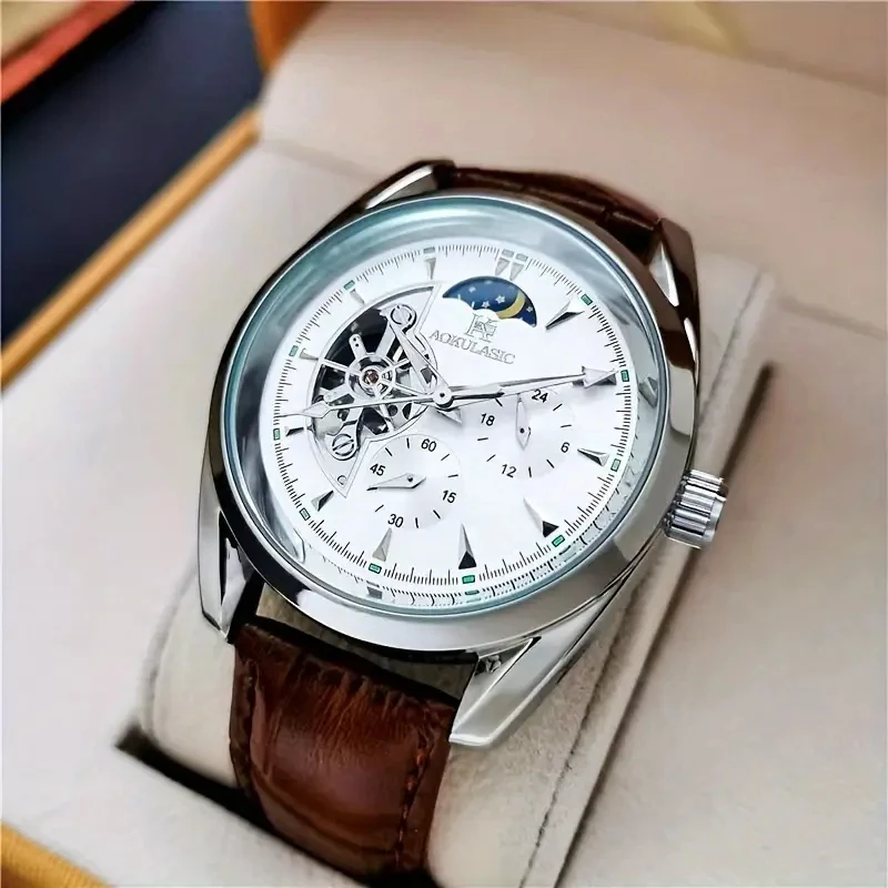 Reloj mecánico automático de lujo para hombre, con un diseño hemisférico genial, el reloj para hombre más vendido, puntero de fase lunar, diseño esqueletizado, el mejor regalo para él, no requiere pilas
