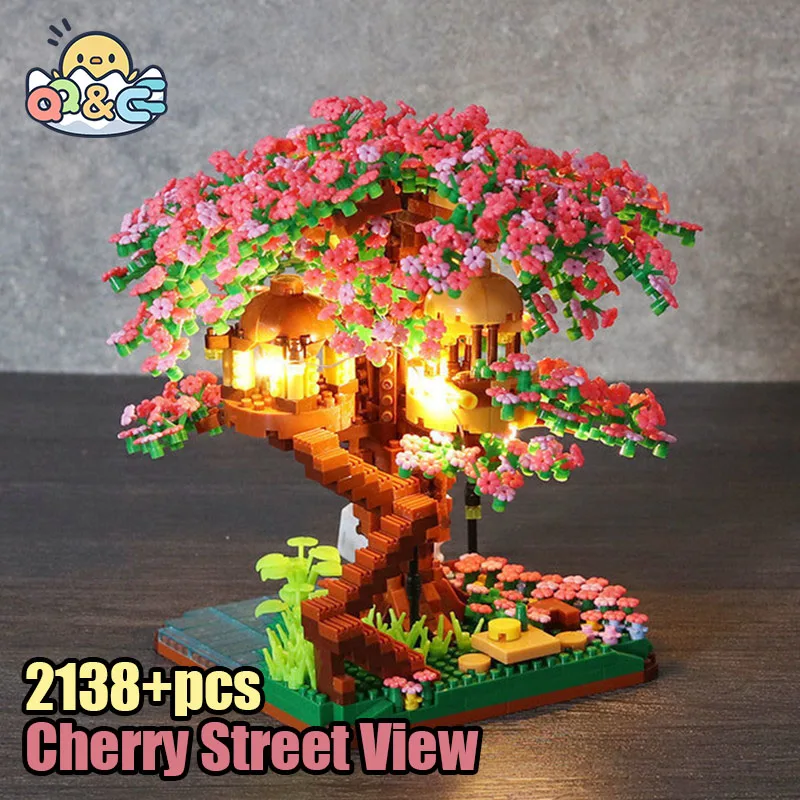 Mini juego de bloques de construcción de árbol Sakura, ladrillos de flor de cerezo artesanal con modelo de casa de árbol ligera, adorno, regalo romántico para novia