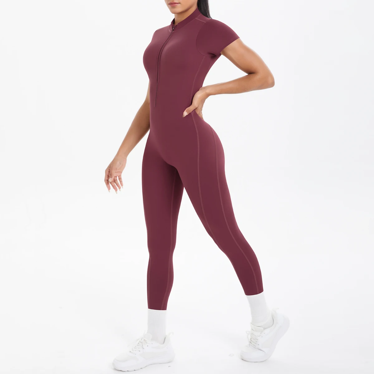 Mono deportivo de manga corta para mujer, monos con espalda descubierta de Color sólido, traje de una pieza con media cremallera, conjuntos de Yoga para gimnasio para mujer
