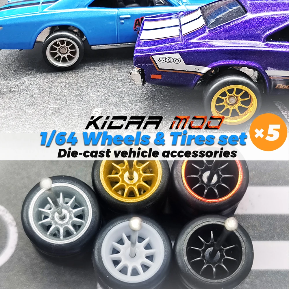 Ruedas 1/64 con neumáticos de goma fijos, diez radios para modelo de juguete, piezas de reacondicionamiento de coches fundidos a presión para Hotwheels (5 juegos para 5 coches)
