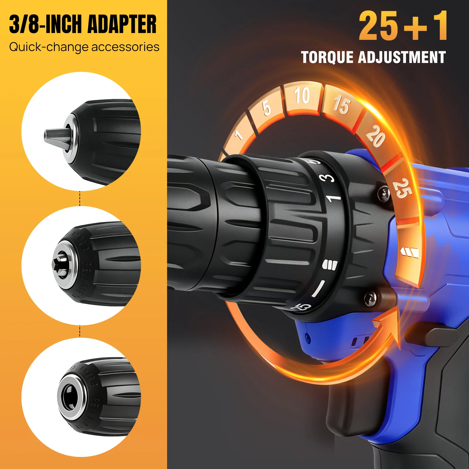 Taladro Inalámbrico de 21V, Kit de herramientas de destornillador eléctrico con ajuste de torsión 25 + 1, 2 velocidades variables, 29 accesorios de piezas, luz LED de trabajo