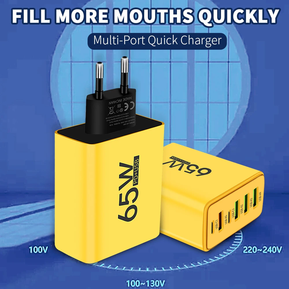 Cargador USB PD 65W, cargador rápido de 6 puertos tipo C, cargador de teléfono móvil para Iphone 16 15 Pro Max Xiaomi Huawei Samsung, cargador rápido