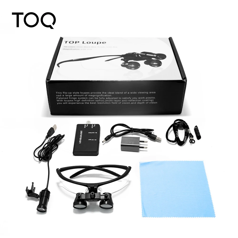 Juego de lupas binoculares dentales TOQ 2.5X 3.5X con linterna LED recargable, lupa quirúrgica portátil, para laboratorio dental y uso médico.