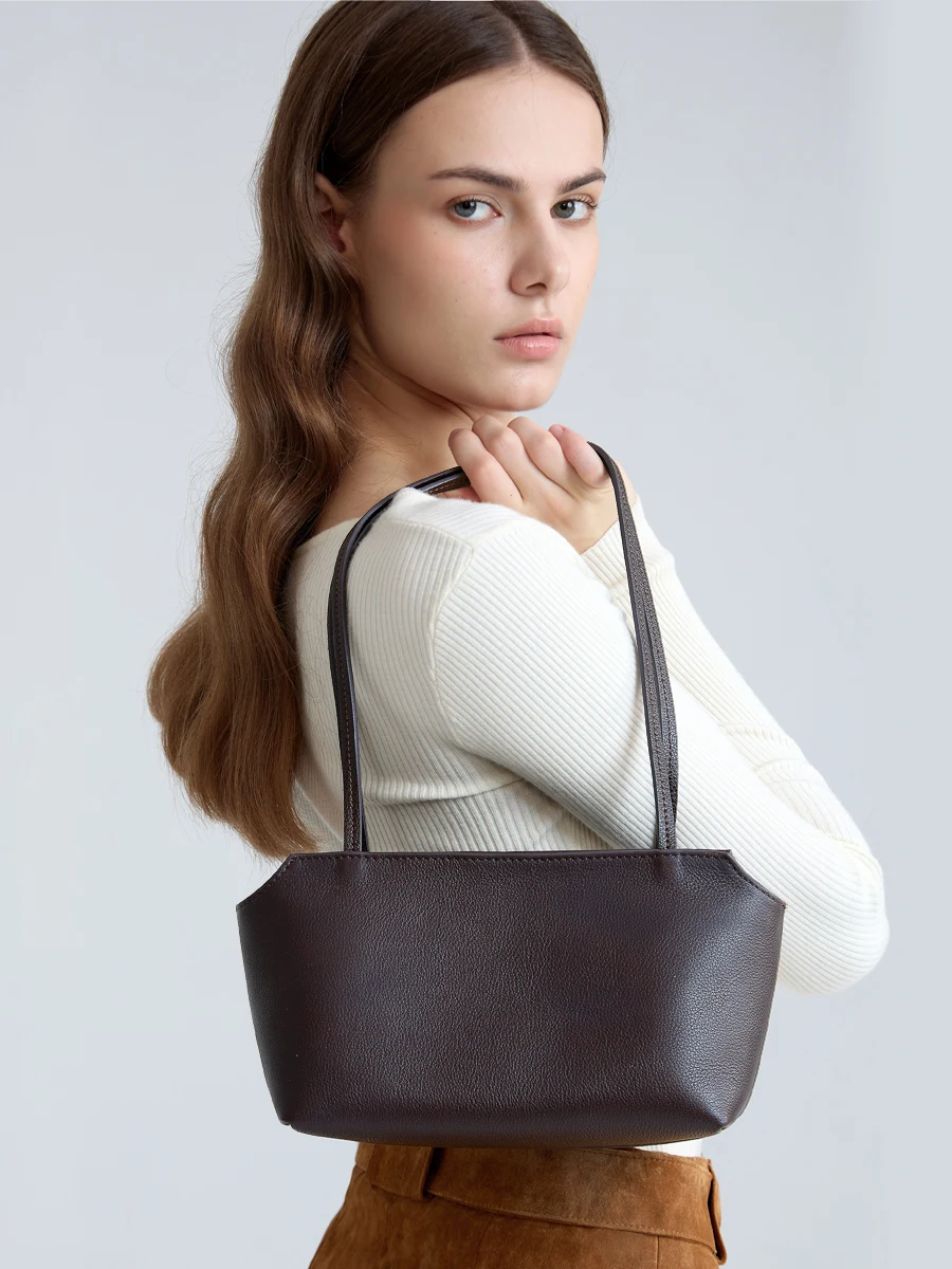 Bolso de Hombro Mini de Cuero Genuino de Vaca para Mujer, Bolso de Mano con Correa Larga de Cuero Granulado, Bolso Minimalista para Uso Diario