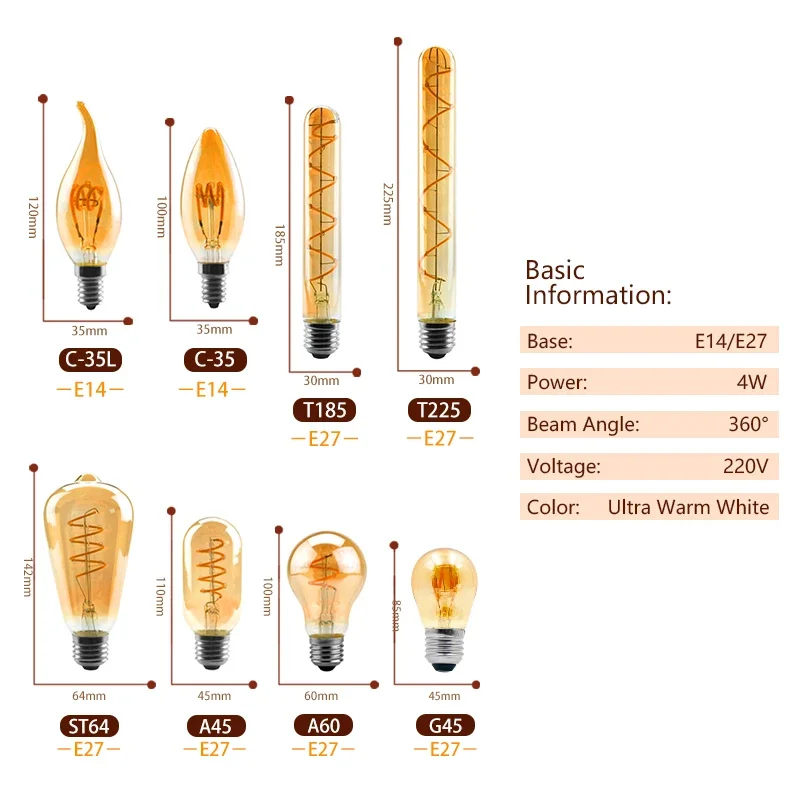 Bombilla LED de Filamento Espiral Retro A60 C35 ST64 T45 G80 G95 G125 T1225 4W E27 220V Regulable, Lámpara Edison 2200K Luz LED Amarilla Cálida