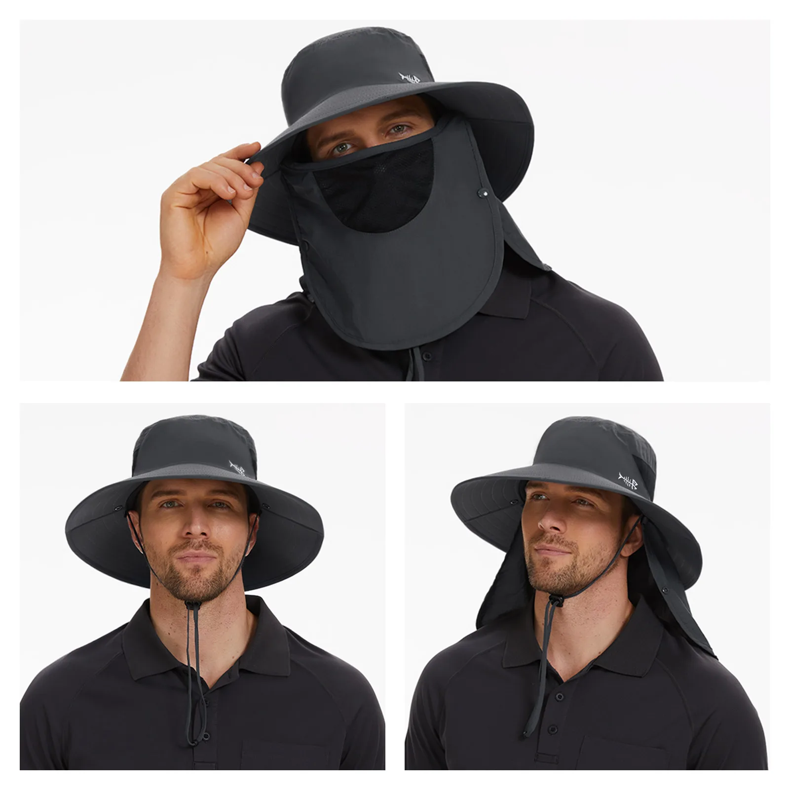 Bassdash UPF 50 + sombrero de sol transpirable con cubierta facial extraíble y solapa para el cuello, sombrero de cubo de ala ancha resistente al agua Unisex