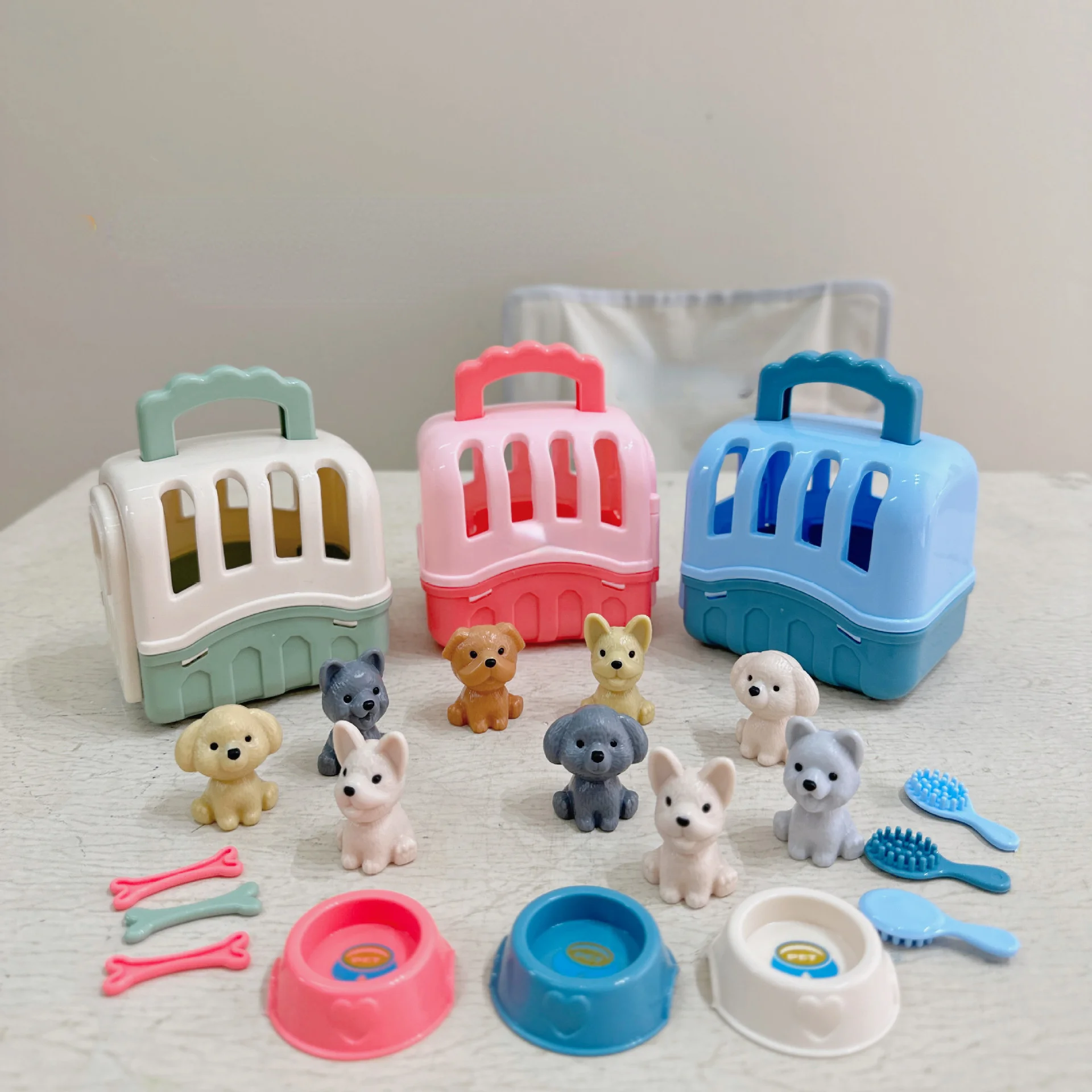 8 unids/set lindo perro cesta para mascotas juguetes familiares juego de muñecas para perros jaula para perros juguetes escena juguetes decoración de Navidad regalos