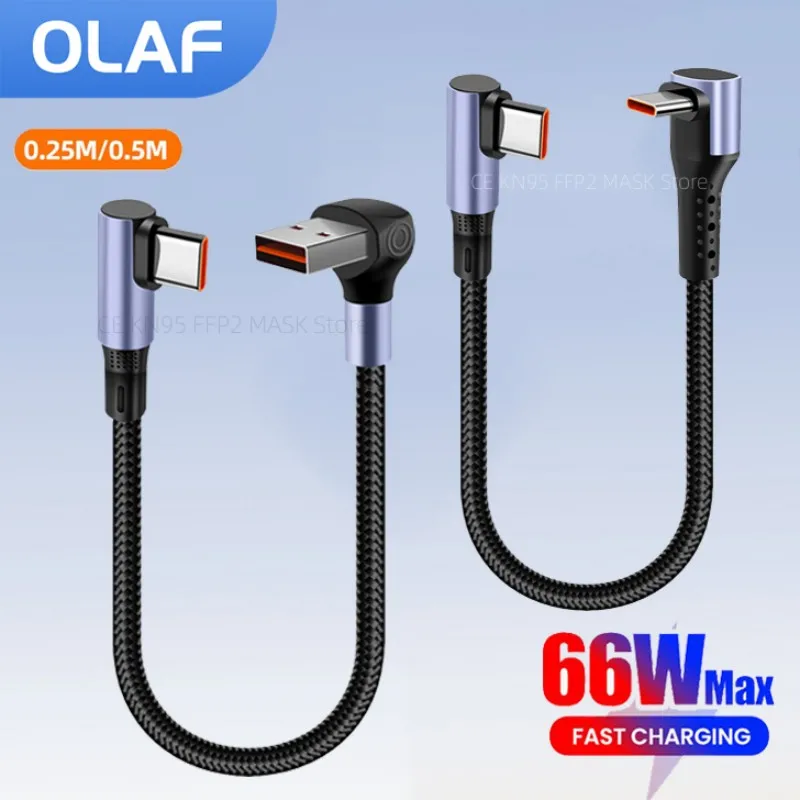 Cable de datos de carga rápida USB A/USB C a tipo C de 66W, codo corto de 90 grados para iPhone 16 15, Banco de energía, Cable USB C de 0,15/0,25/0,5 m