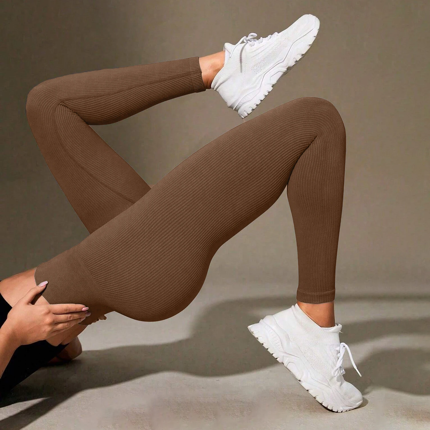 Pantalones de yoga acanalados de cintura alta para mujer, mallas de entrenamiento elásticas con control de barriga de color sólido para fitness, gimnasio, salón y uso diario