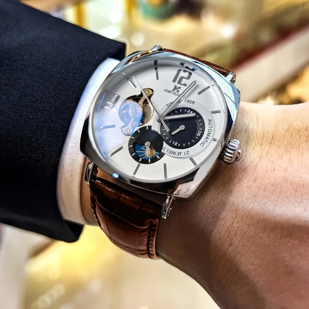 Reloj Mecánico para Hombre, Estilo Retro |   Elegante, esfera de esqueleto, diseño hueco, caja de aleación, correa de cuero sintético |   Ropa de Negocios y Casual, No Requiere Baterías