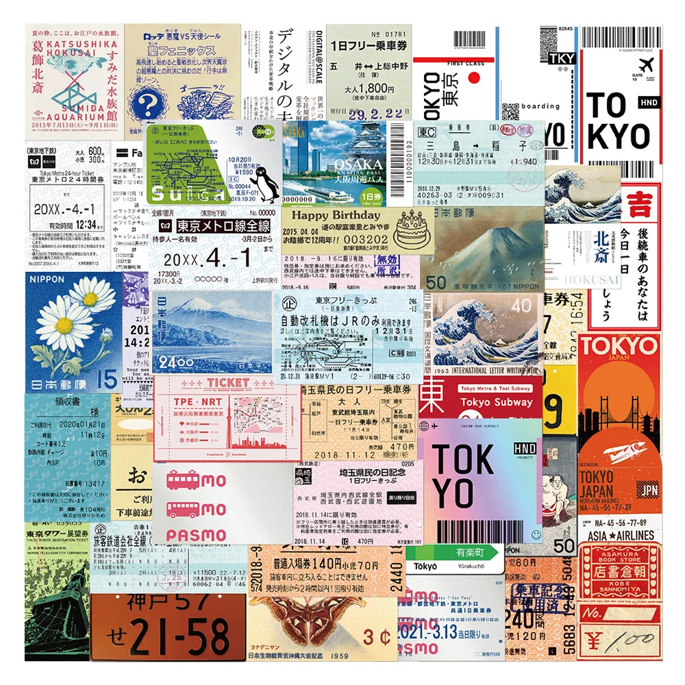 Pegatinas de entradas Vintage japonesas, decoración bonita, maleta de viaje DIY, teléfono, Notebook, bicicleta, guitarra, pegatinas de grafiti, juguete, 10/30/60 Uds.