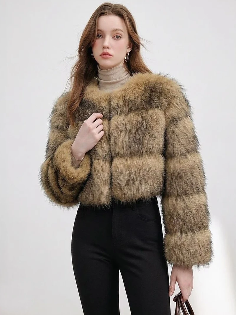 ZADORIN Abrigo Corto de Piel Sintética de Mapache de Alta Calidad para Mujer, Moda de Invierno, Cuello Redondo, Manga Larga, Chaqueta Corta de Piel Sintética, Top Corto