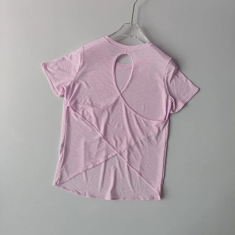 Ropa de Yoga para mujer, blusa de manga corta con Cruz hueca, malla fina, parte de atrás bonita, camisas exteriores, Top deportivo ajustado para Fitness