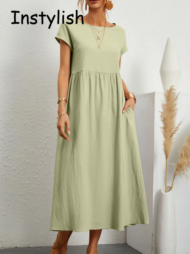 Vestido largo holgado de lino y algodón para mujer, prenda elegante y lisa de manga corta con cuello redondo, Estilo Vintage Harajuku, Y2K