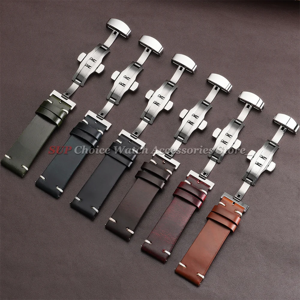 Correa de Reloj de Cuero Encerado Vintage con Cierre de Mariposa, Correa de Cuero Cosida de 18mm 20mm 22mm para Relojes Seiko y Omega