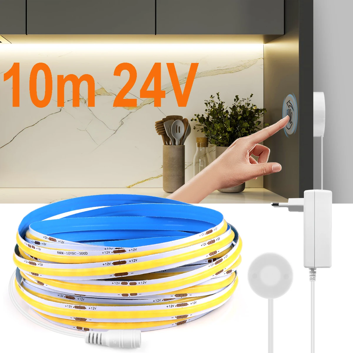 Atenuador táctil de espejo de madera Penetrable, tira de luz LED COB con Sensor de movimiento, 24V, 5M, 10M, para retroiluminación de armario de cocina