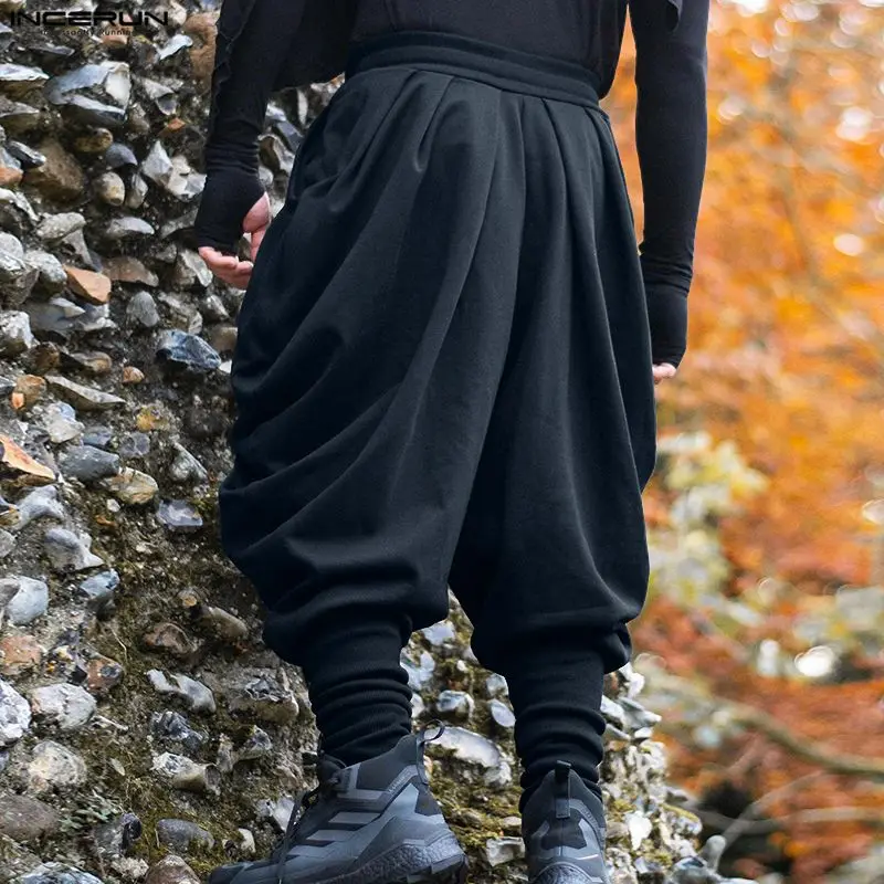 INCERUN, pantalones para hombre, pantalones para correr con cordón de Color sólido, pantalones bombachos informales para hombre, ropa de calle, pantalones sueltos de moda para tiempo libre, pantalones para hombre S-5XL