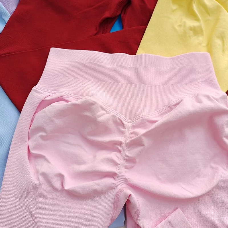 Pantalones deportivos de cintura alta sin costuras para mujer, color melocotón, levantamiento de cadera, deportes, entrenamiento de Yoga, ropa de ejercicio Abdominal ajustada