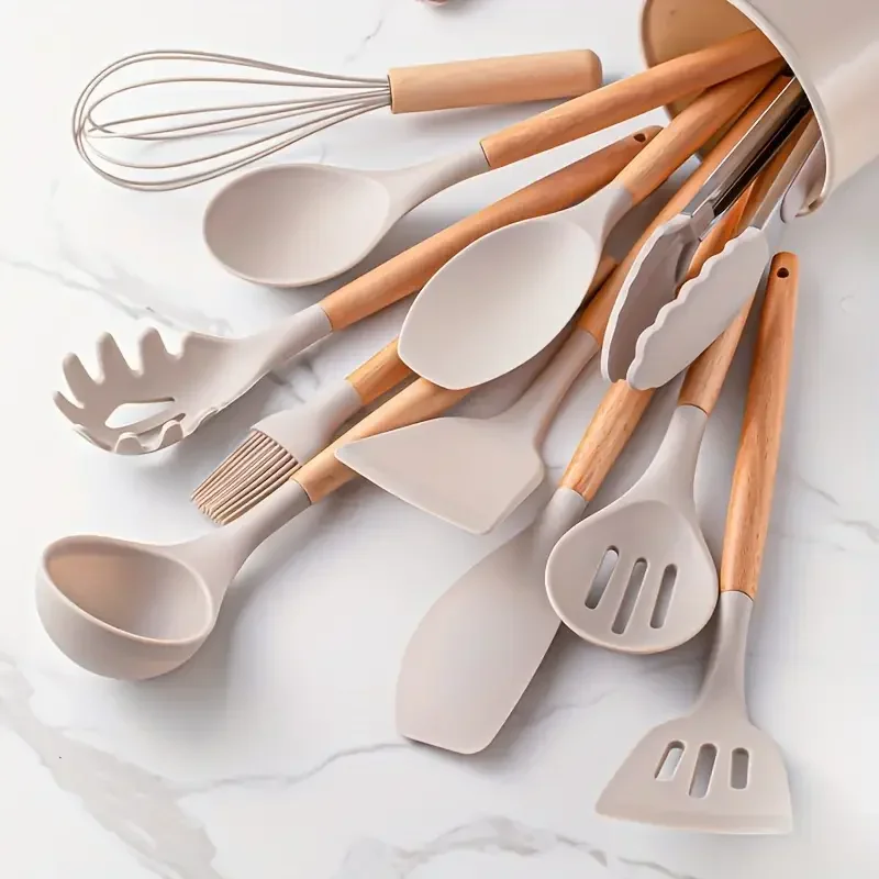 Juego de utensilios de cocina con mango de madera de silicona multicolor, juego de 12 piezas, olla antiadherente, espátula y cuchara, resistentes al calor