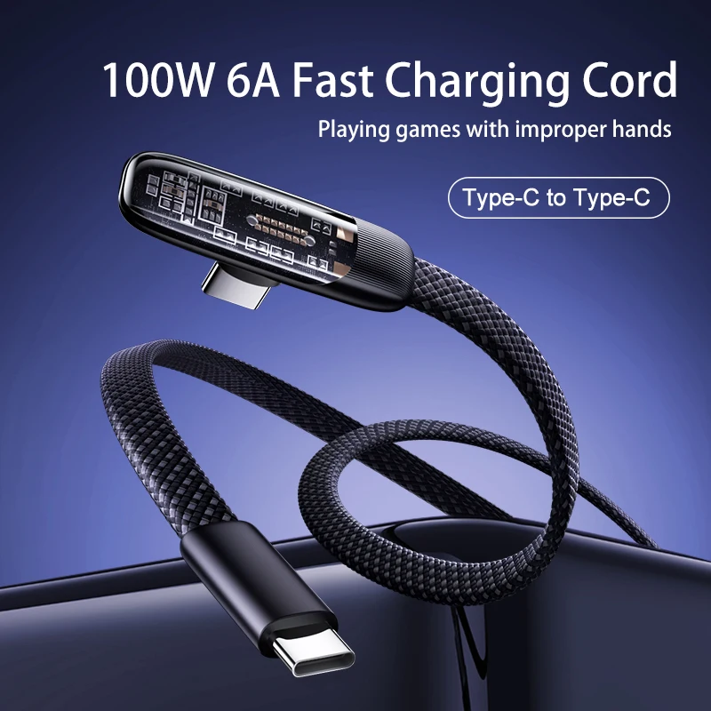Cable de Carga Rápida Tipo C a Tipo C de 100W 6A con Conector en Ángulo para Samsung S24, Huawei, Xiaomi P40, Teléfono Android, USB C, MacBook Pro, iPad Pro