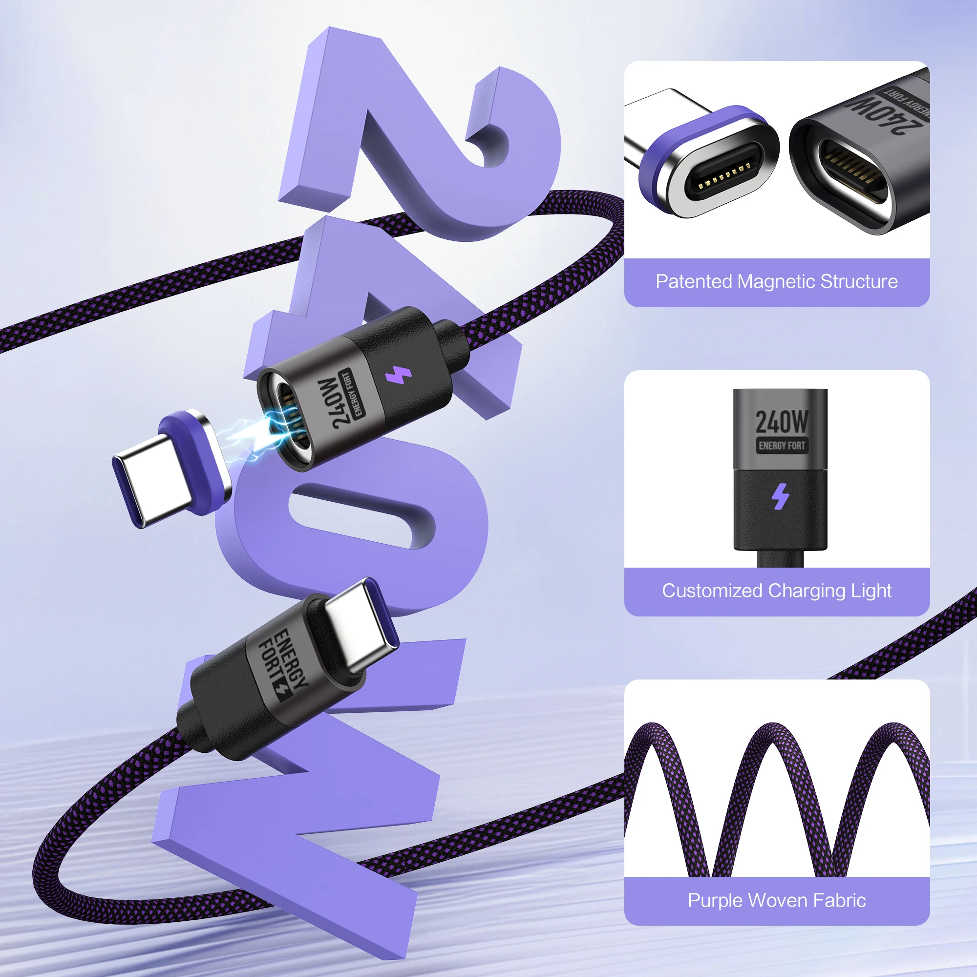 Cable de carga magnético de 240W PD3.1 5A Cable USB C de carga rápida Cable cargador de teléfono magnético para iPhone 17 Pro Max Samsung Xiaomi