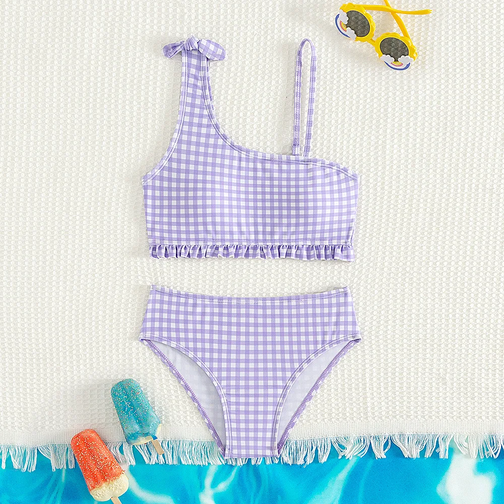 Nuevo traje de baño dividido de verano para niñas, conjuntos de Bikini de 5 a 14 años, traje de baño de cintura alta a cuadros morados para niñas, traje de baño