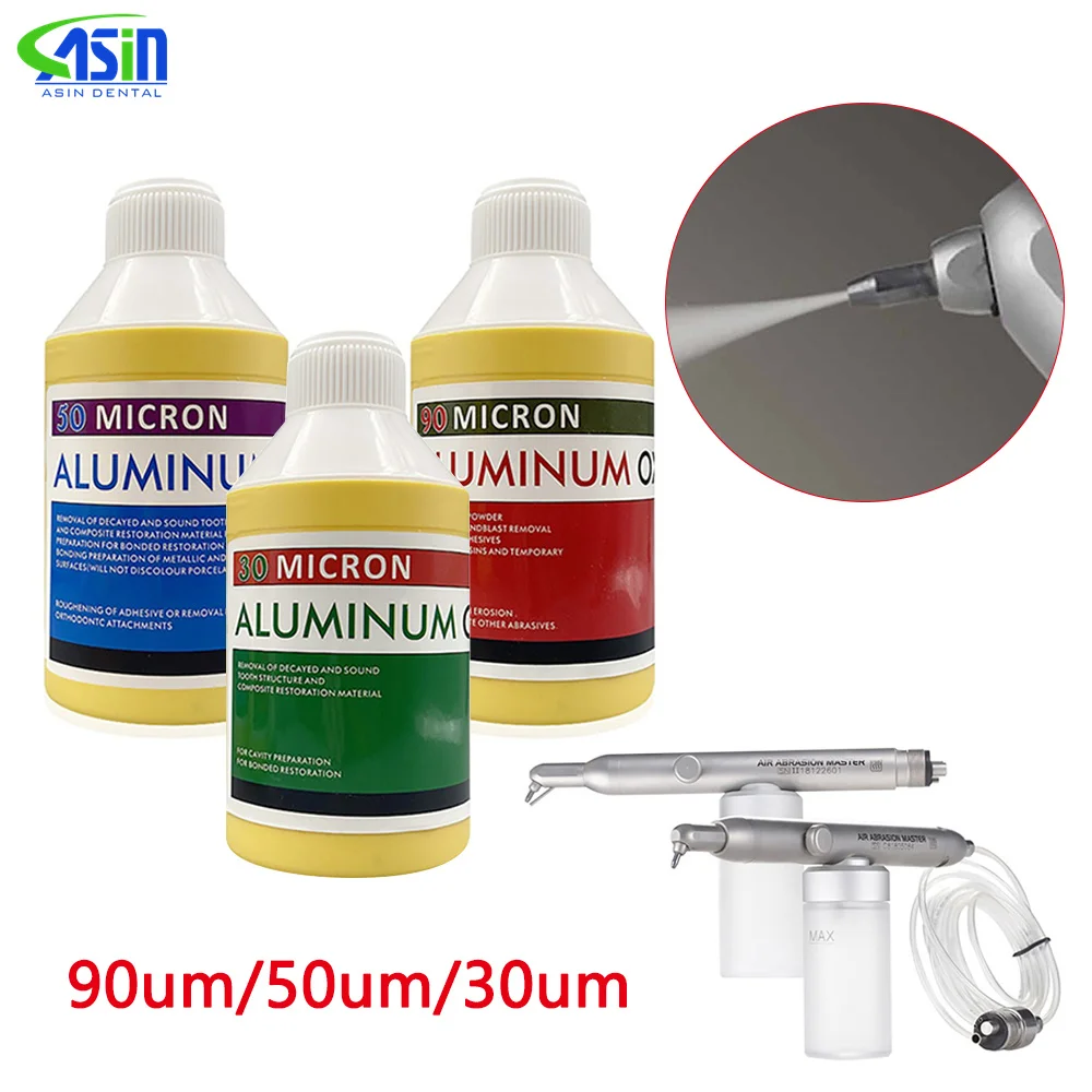 Polvo de chorro de arena Dental, 30μm, 50μm, 90μm, mícron, polvo de óxido de aluminio para flujo de chorro de aire, chorro de arena de alúmina, pulido de dientes
