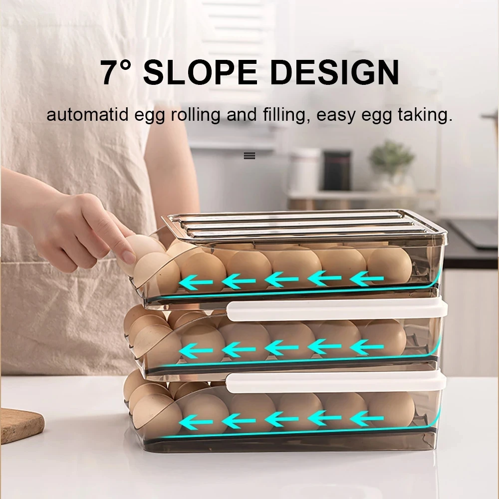 Caja de almacenamiento de huevos deslizante automática, cajón transparente, estante para huevos rodante apilable, cesta de soporte para bandeja de huevos, organizador de nevera de cocina