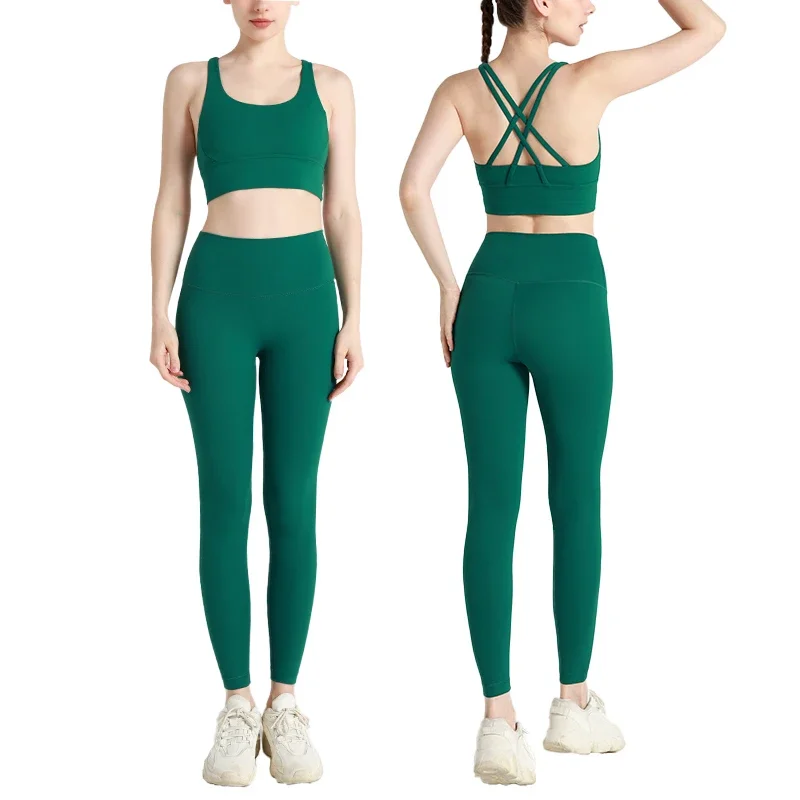 Novedad de verano, ropa de Yoga de 2 piezas, chándal para mujer, Top de Yoga de nailon con espalda cruzada atlética, Sujetador deportivo para mujer, mallas para Pilates y Fitness