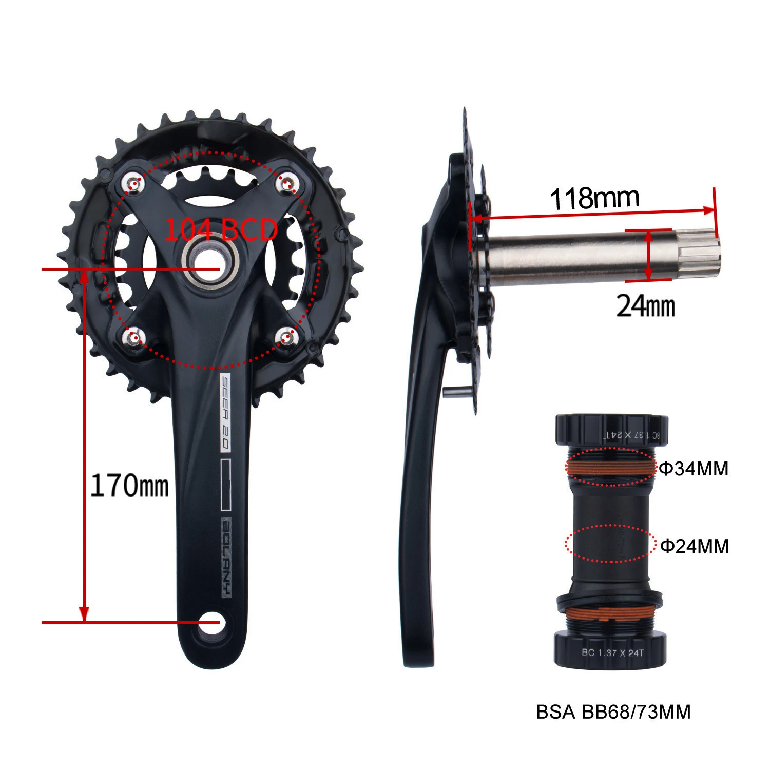 Juego de bielas para bicicleta, platos y bielas para bicicleta de montaña, 36T, 22-36T, 24-38T, Bolany, 104BCD, 170mm, manivela integrada