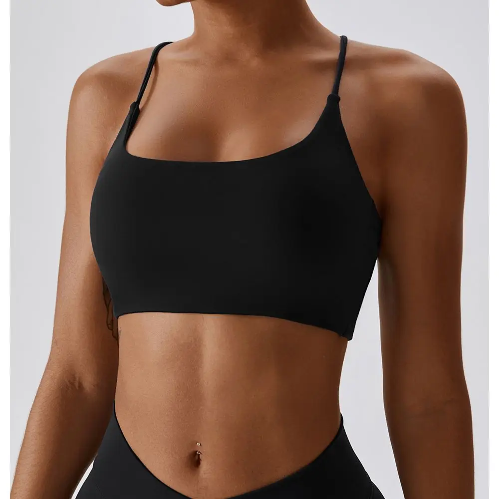 Sujetador deportivo de Color liso en forma de U con múltiples correas y espalda cruzada para mujer, Top para gimnasio, Yoga, atlético, entrenamiento ajustado, Jog suave con almohadilla para el pecho